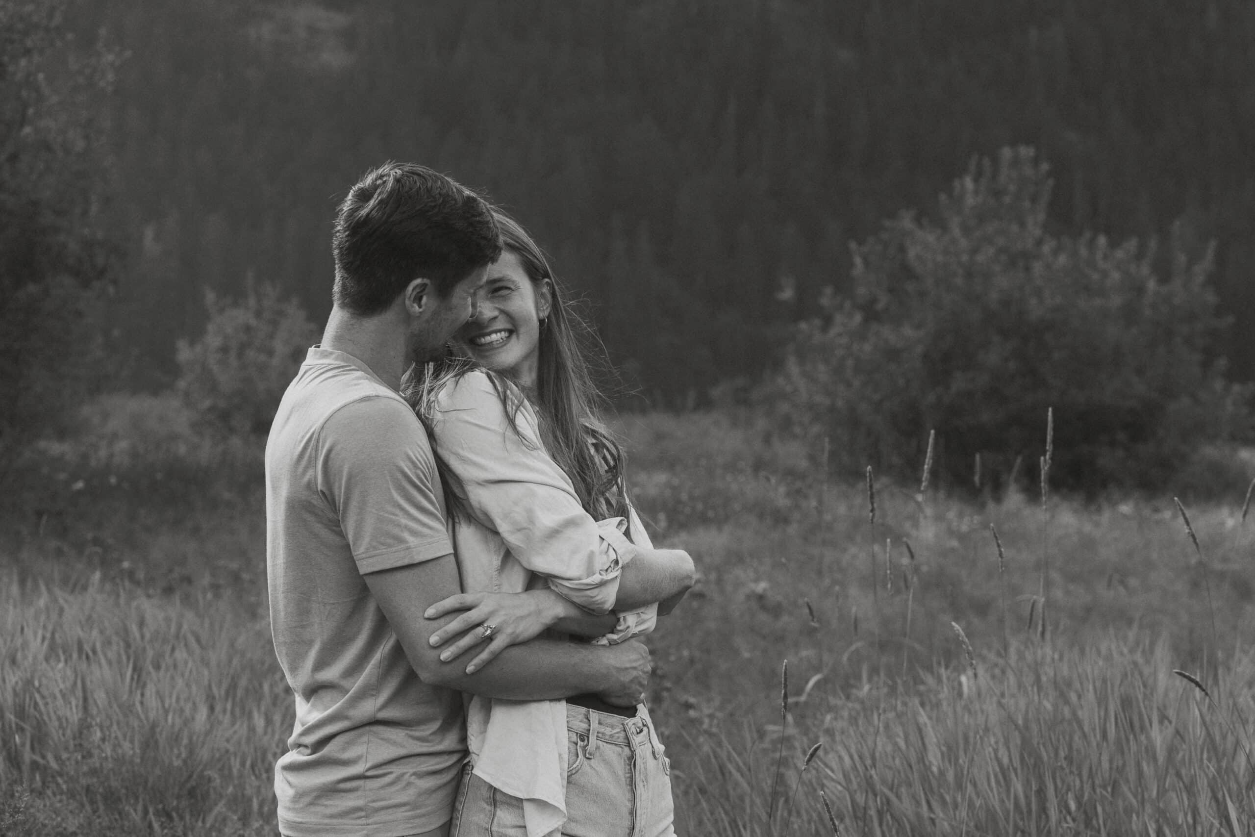 Couple during their engagement session at Buttle Lake on Vancouver Island
