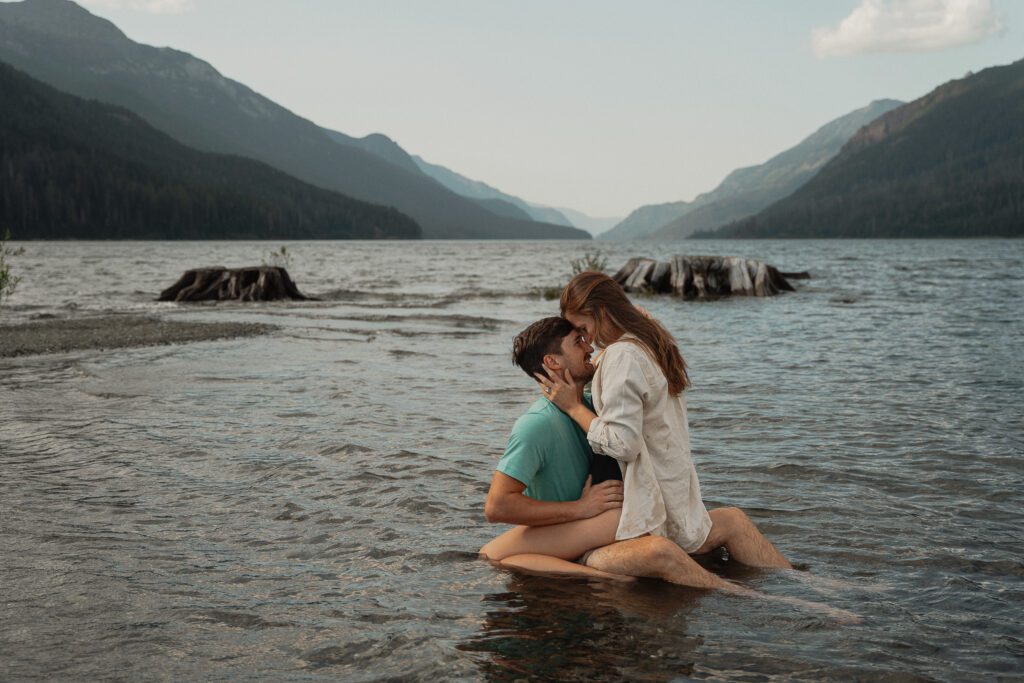 Couple during their engagement session at Ralph River Campground on Buttle Lake by Latitude 49 photography