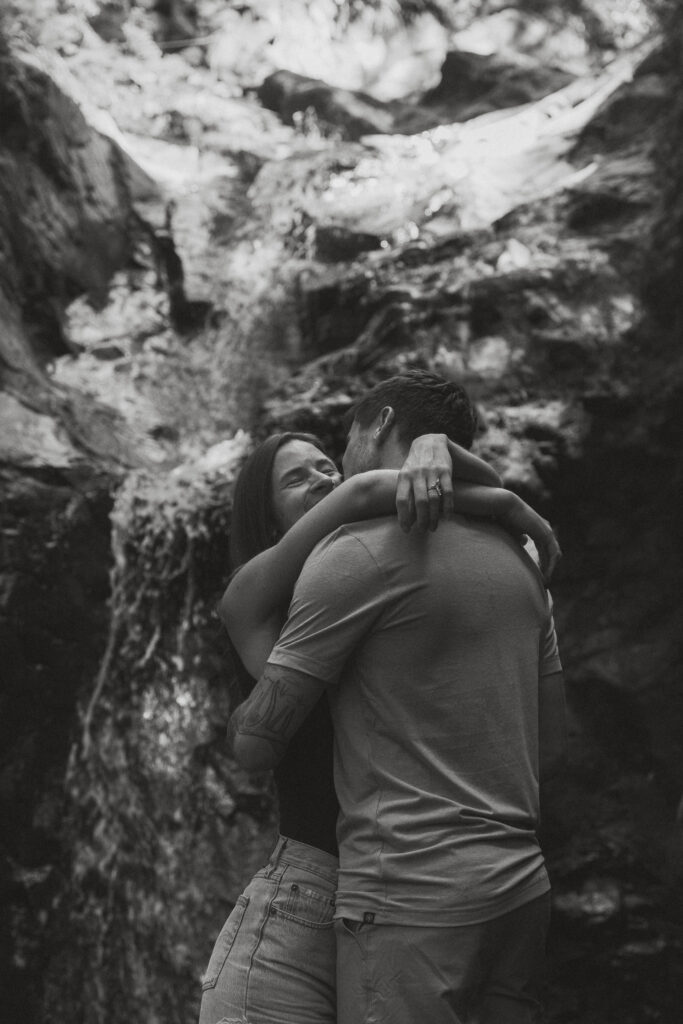 Couple during their engagement session at Lupin Falls on Vancouver Island by Latitude 49 photography