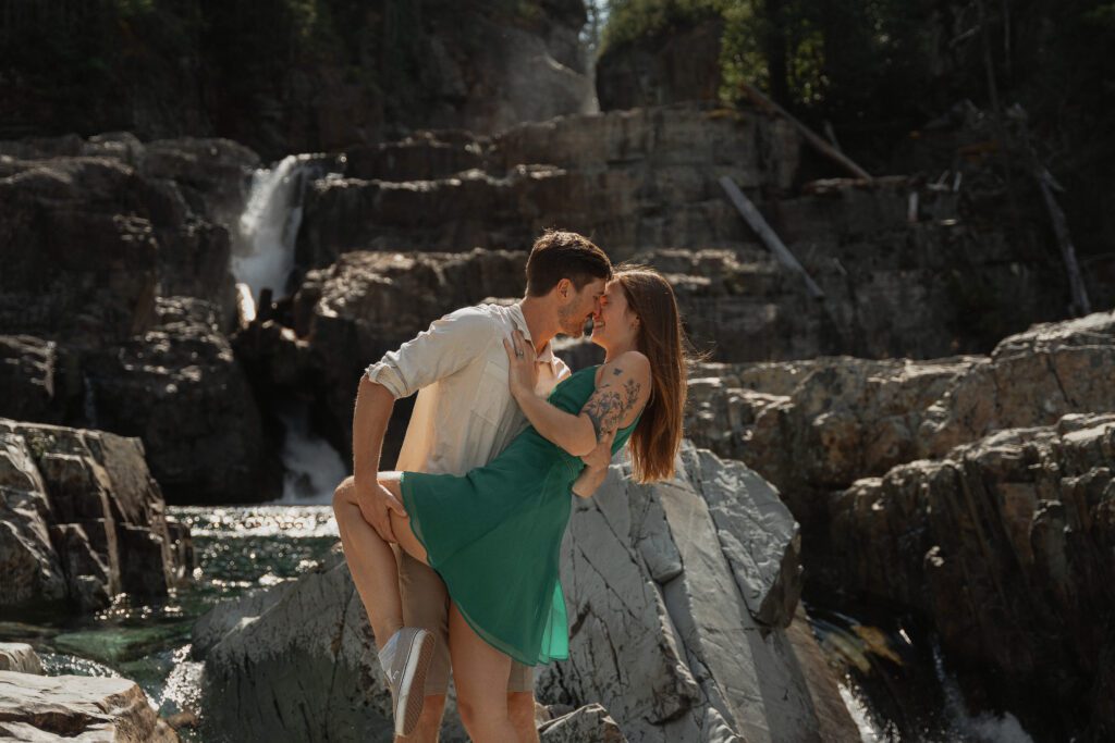 Couple during their engagement session at Myra Falls by Latitude 49 photography