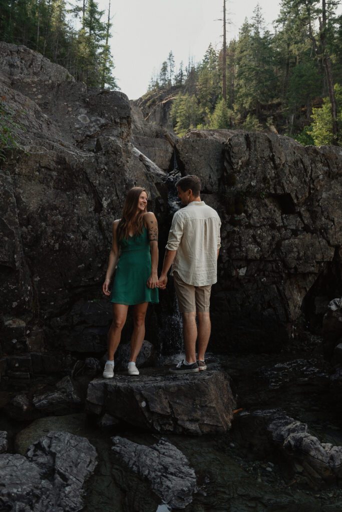 Couple during their engagement session at Myra Falls by Latitude 49 photography