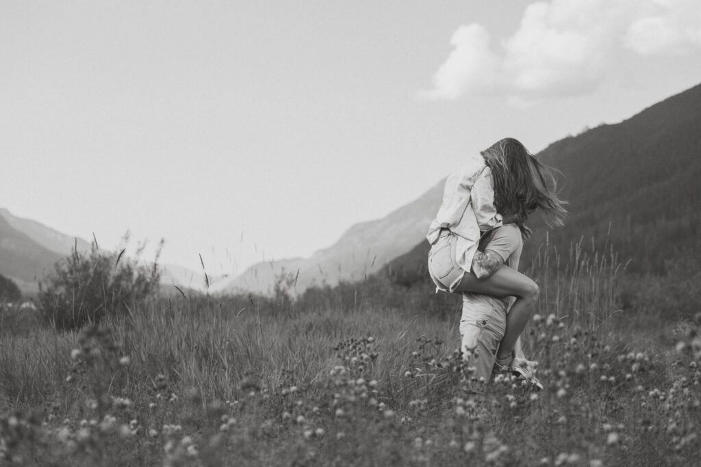 Couple during their engagement session at Ralph River Campground on Buttle Lake by Latitude 49 photography