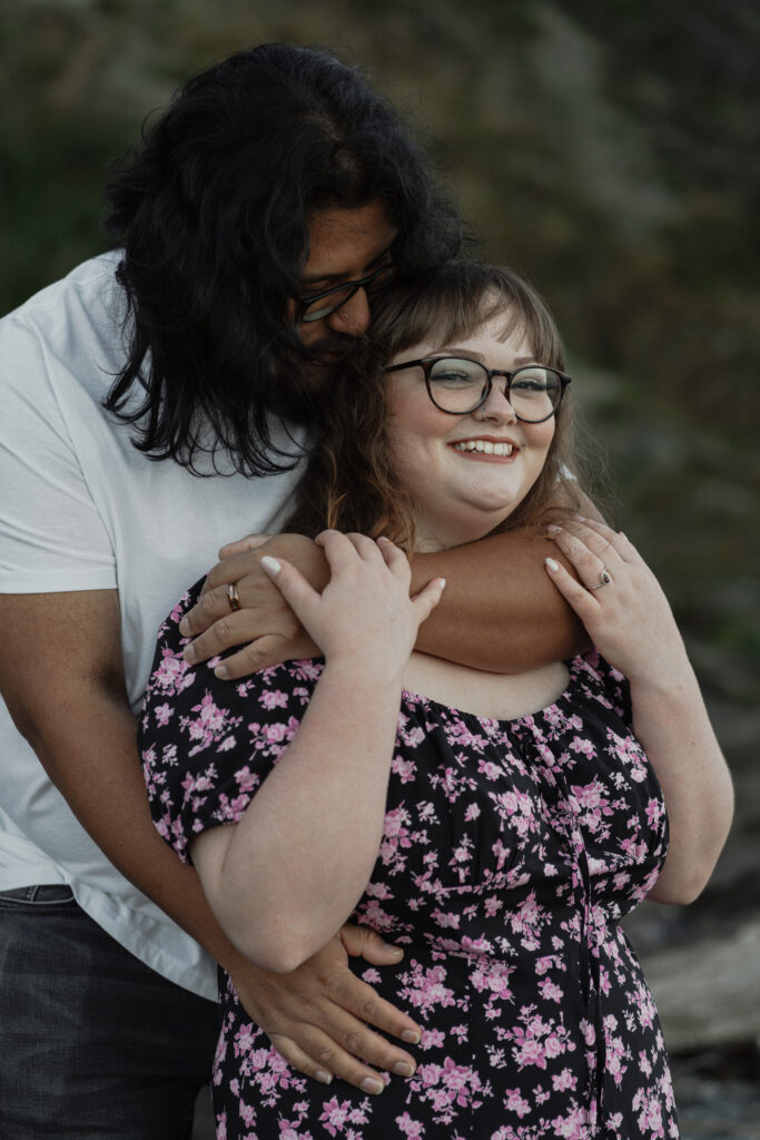 Couple during their golden hour engagement session at Kye bay in Comox by latitude 49 photography