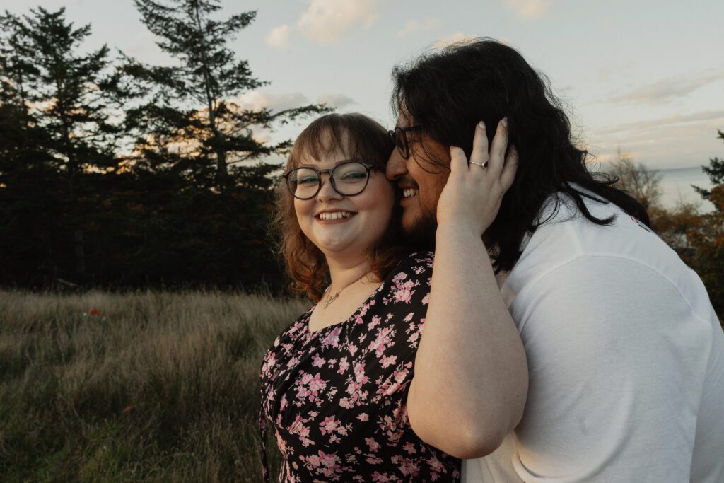 Couple during their golden hour engagement session near Kye bay in Comox by latitude 49 photography