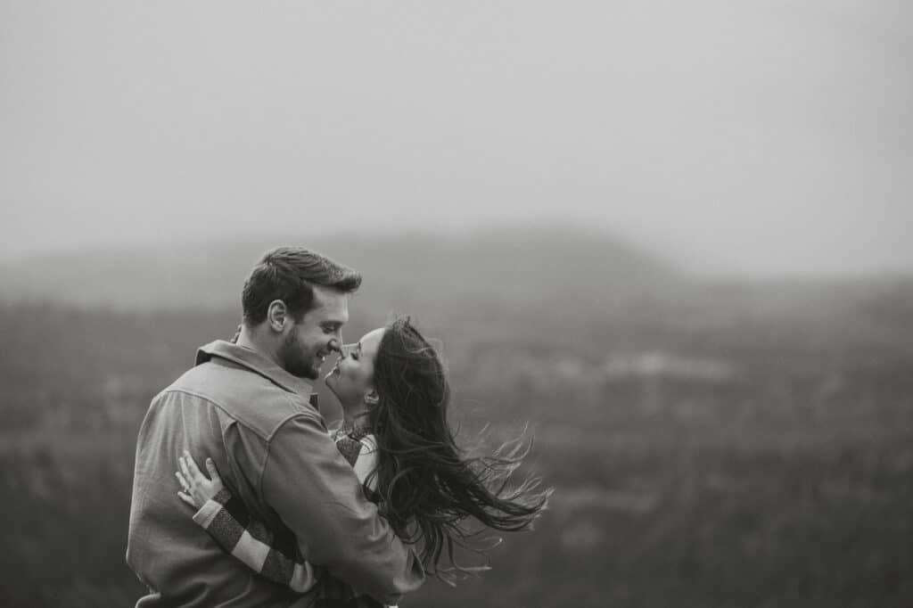 Couple during their engagement session at Little Mountain in Errington by Latitude 49 Photography