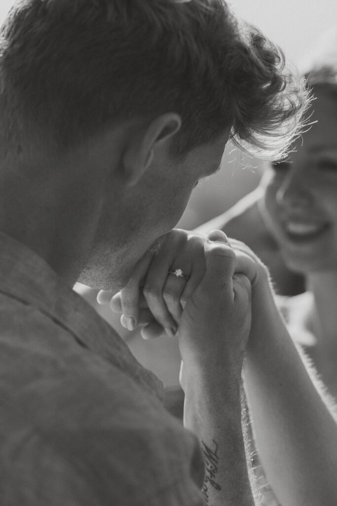 Couple during their engagement session overlooking Victoria at the Gonzales Observatory by latitude 49 photography