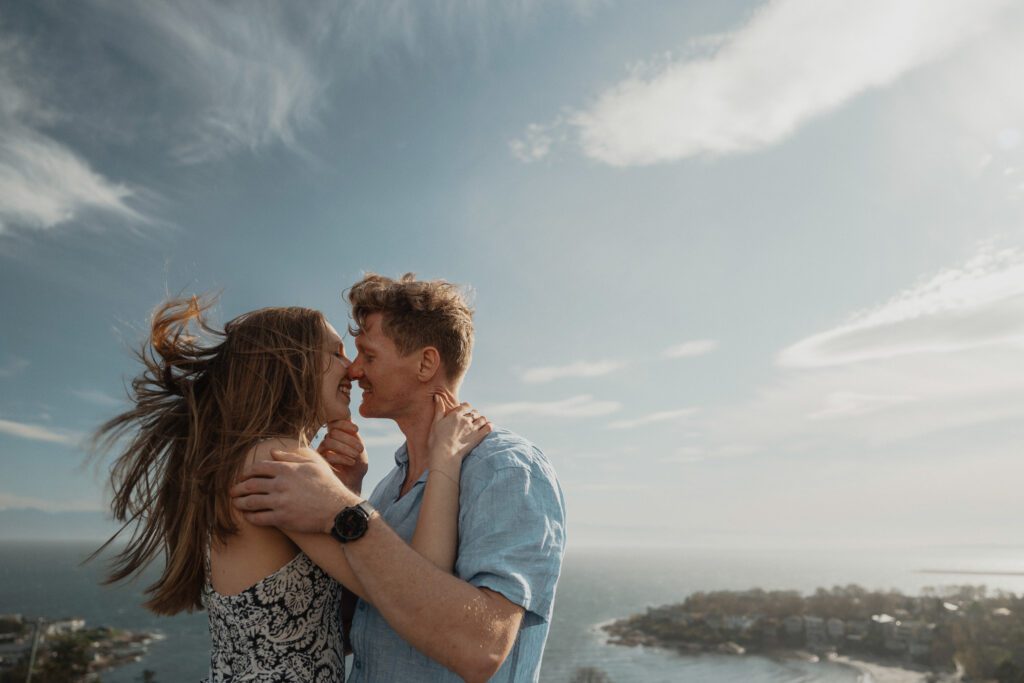 Couple during their engagement session overlooking Victoria at the Gonzales Observatory by latitude 49 photography