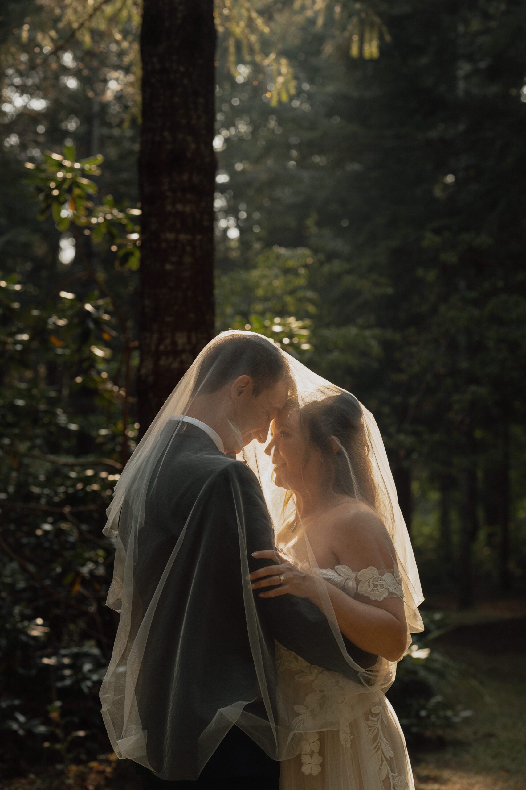 Bride and groom under her veil during their wedding portraits at Kitty Coleman Woodland Gardens in Courtenay by Latitude 49 Photography