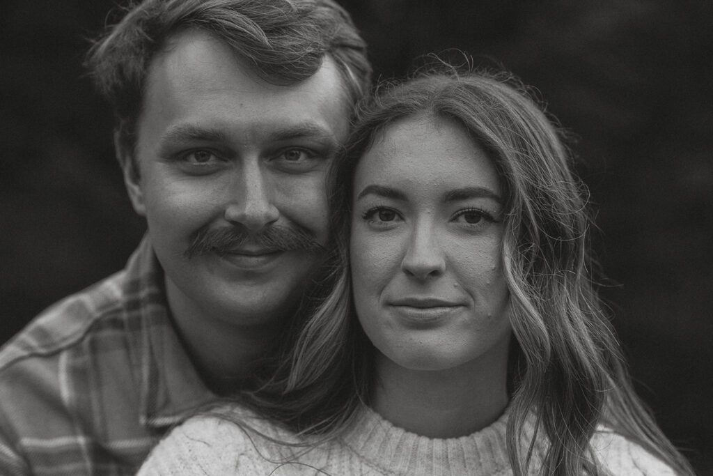 Liz and connor headshots during their fall engagement session at the Trestle Bridge in Campbell River.
