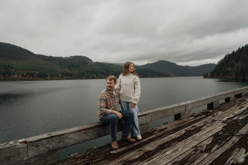 Editorial pose of Connor and Liz during their fall engagement session at the Trestle Bridge in Campbell River.