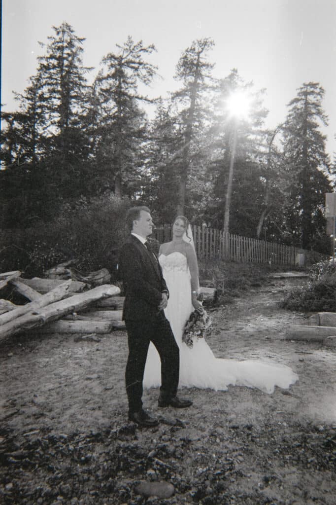 Black and white film photography of a wedding couple