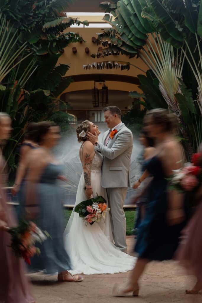 Bride and groom with her blue crew wedding portraits in Mexico