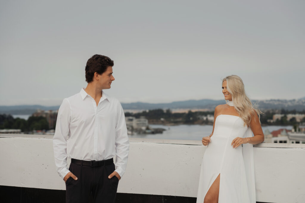 Couple on a rooftop in Victoria during their engagement session