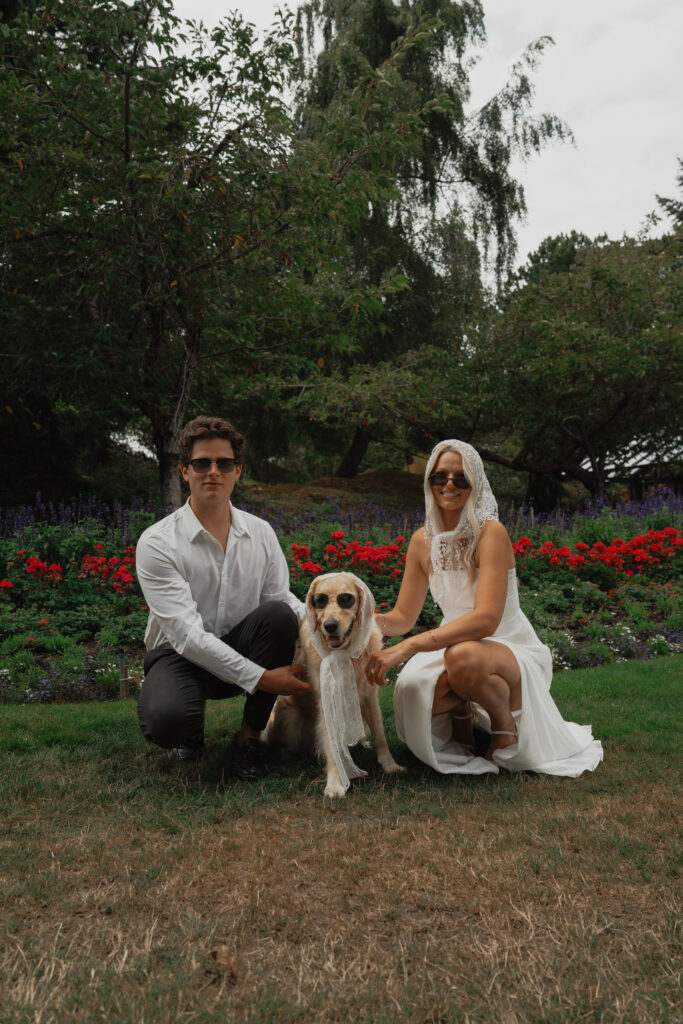 Couple with their dog in sunglasses for a Victoria engagement session